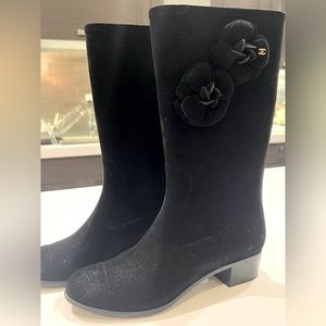 Authentic Chanel camellia Boots, dark velvet navy